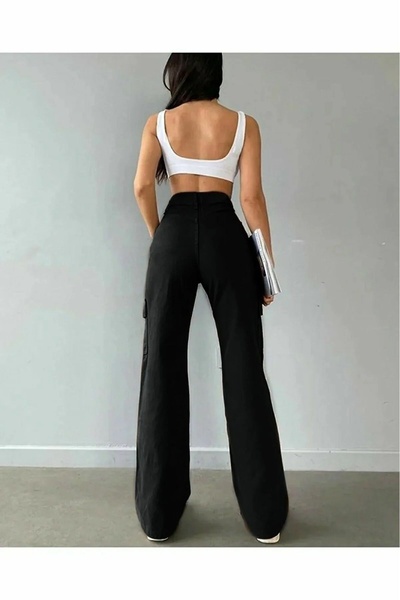 DRC trend Lina Women's Black Colorfast Lycra Back Pocketless Model Cargo Pocket Palazzo Pants