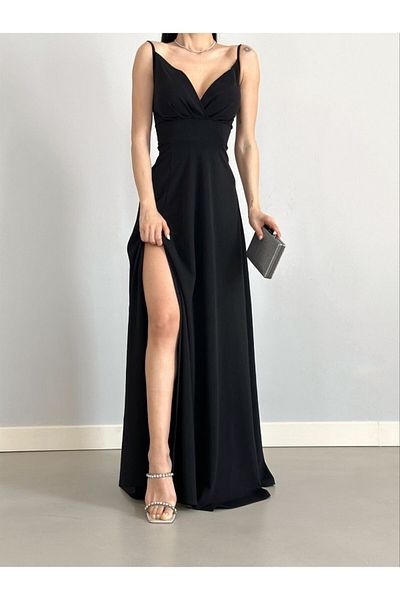 vuvutasarım Εύκαμπτο κρεπ ύφασμα με λουράκι διπλό γιακά με λεπτομέρεια γυναικείο μάξι φόρεμα 582189