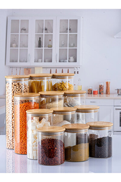 Lizzy 12 Adet Bambu Kapaklı Lüks Yuvarlak Kavanoz Seti