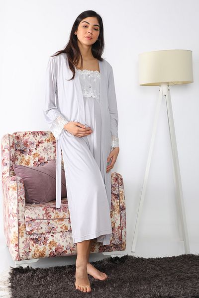 Effort Pijama Maternity Nightgown Set with Gray Dressing Gown