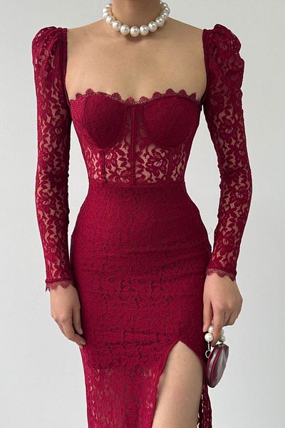bayansepeti Burgundy Lace Midi Dress with Sheer Degaje Neckline and Guipure Detail - 249