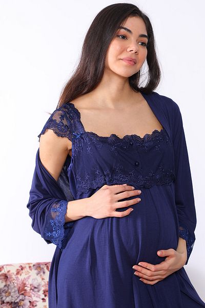 Effort Pijama Maternity Nightgown Set with Dark Blue Dressing Gowns