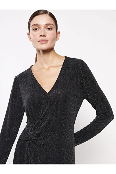 LC Waikiki LCWAIKIKI Classic Siyah V Yaka Parlak Görünümlü Uzun Kollu Kadın Elbise