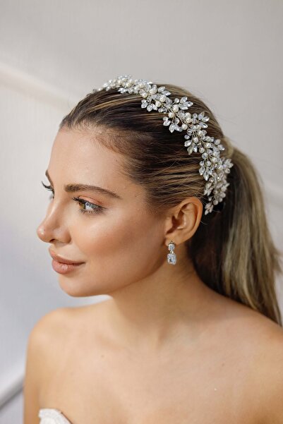 Turkuaz Gelin Saç Aksesuarı/ Düğün Nikah Zirkon Taş İnci Helen Taç