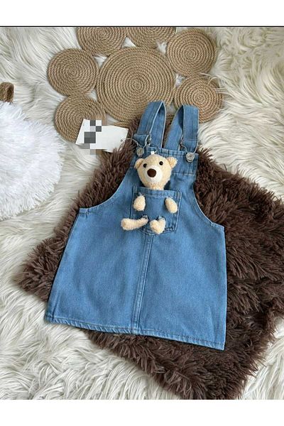 Karan Kids Дънкова рокля с регулируеми презрамки и жилетка от плюшено мече
