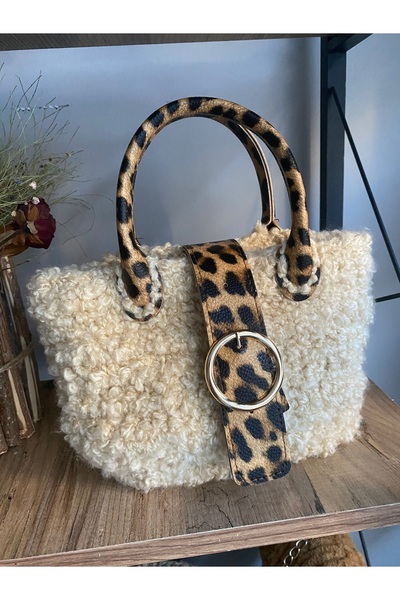 MAAR Ev Concept ÖRGÜ PUFFY KOL ÇANTASI LEOPAR DESEN KOL ÇANTASI LEOPAR TEDDY ÇANTA ÖRGÜ KOL ÇANTASI