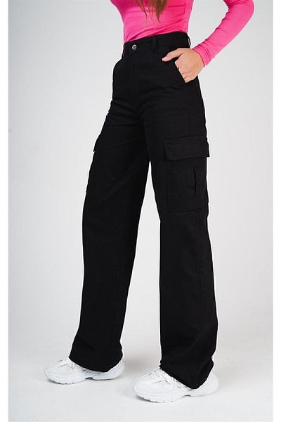 DRC trend Coco Women's High Waist Black Colorfast Lycra Back Pocketless Model Cargo Palazzo Pants