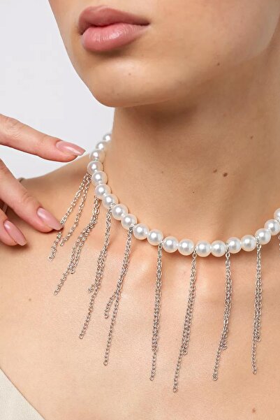 New Obsessions Silver Icicle Pearl Choker Necklace