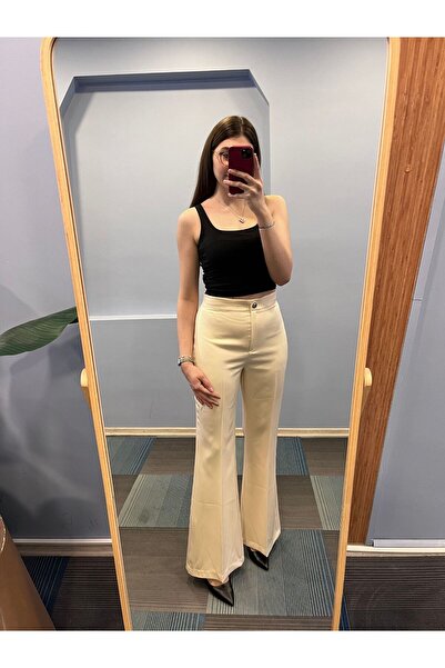 OUZ Fashion بنطال نسائي عالي الخصر بأزرار إسبانية