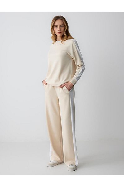 Jimmy Key Light Beige High Waist Relaxed Fit Wide Leg Modal Knitted Trousers
