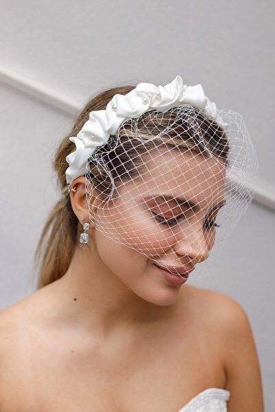 Turkuaz Gelin Saç Aksesuarı/Düğün Nikah Tül İnci Beyaz Gelin Taç