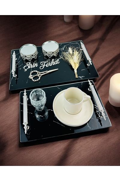 CyzHome Vow Black Patterned Promise Tray and Groom Coffee Cup