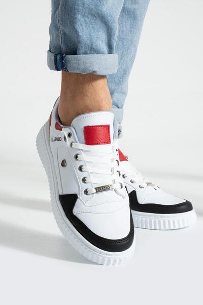 L.A Polo 027 Beyaz Buz Siyah Kırmızı Renk Beyaz Tabanlı Bağcıklı Günlük Erkek Spor Ayakkabı