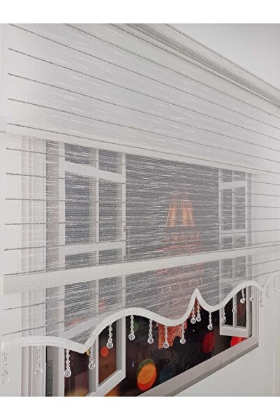 BUUT Çift Mekanizmalı Boncuklu Gri Serit Desenli Tül, Beyaz Poyester Stor Perde