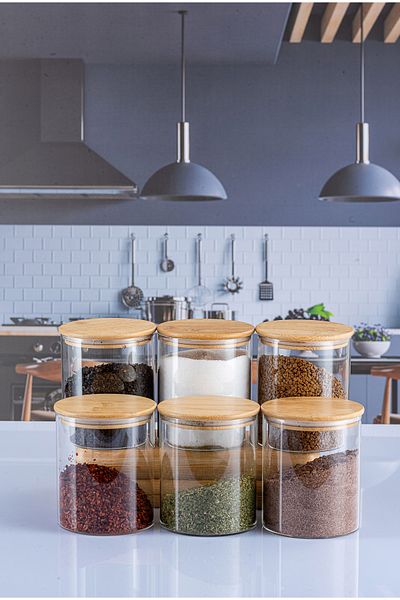 Lizzy 6Pcs 600ml Luxury Round Spice Rack Set with Bamboo Lid