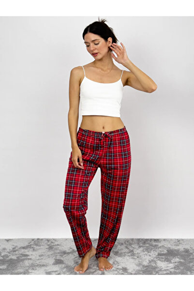 MODA YILDIZ Pantaloni de pijama pentru femei în carouri cu panglică