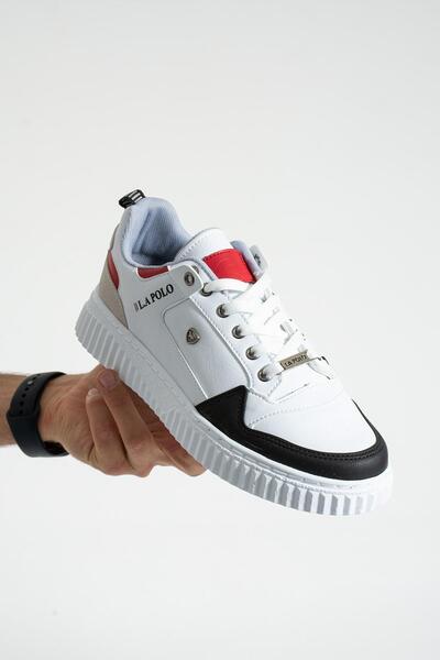 L.A Polo 027 Beyaz Buz Siyah Kırmızı Renk Beyaz Tabanlı Bağcıklı Günlük Erkek Spor Ayakkabı