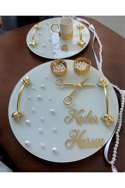 CyzHome Beloved Gold White Pearl Promise Tray Engagement Tray and Groom Coffee Cup Tray Set