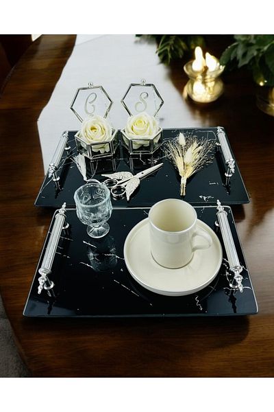CyzHome Vow Black Patterned Promise Tray and Groom Coffee Cup