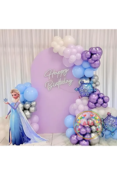 Ata Parti Dünyası Birthday Concept - 60 Pieces Blue, Lilac, Chrome Purple and White Macaron Balloon Chain Set