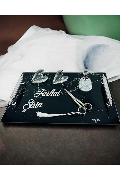 CyzHome Vow Black Patterned Promise Tray and Groom Coffee Cup