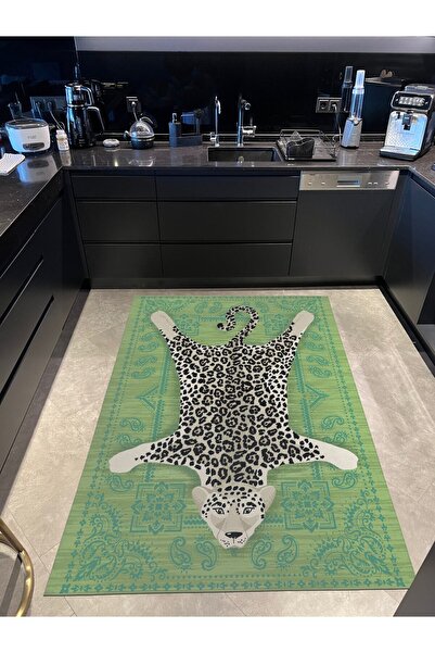 Rugs Modern Halı Mira 1166 Fıstık Yeşili Leopar Ve Vintage Temalı Dokuma Taba...
