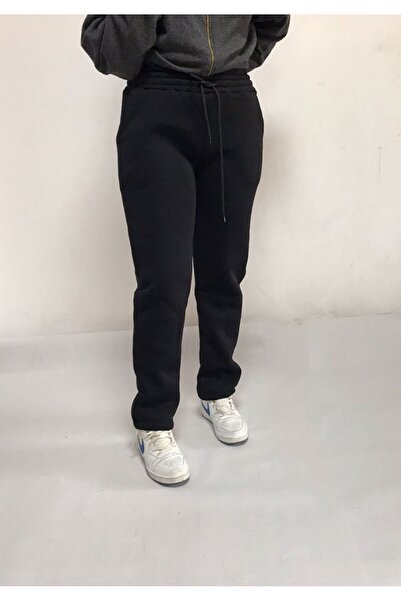 JustBS Μαύρο ίσιο πόδι φαρδύ χειμωνιάτικο βαμβακερό παντελόνι