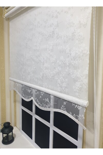 StorBurada Çiftli Sistem Çiçekli Beyaz Tül & Ekru Stor Perde Alüminyum Kasalı...