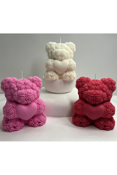 AKINLAR Kalpli Ayıcık Sevgililer Günü Kırmızı Mum Seti Soya Wax 3 lü