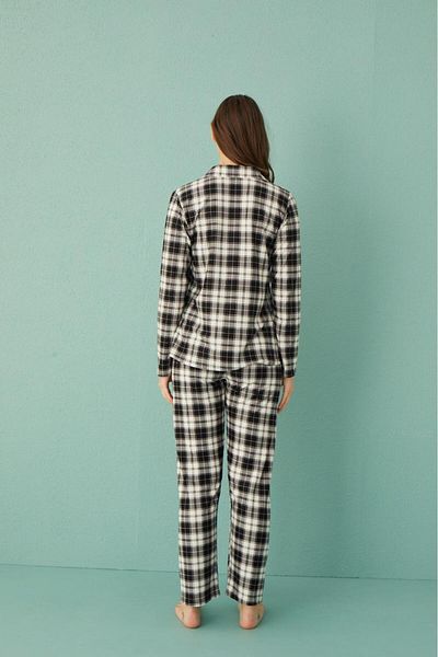Pemilo Set pijamale din piele intoarsa cu nasturi in fata pentru femei 20501-582 NEGRU-ALB
