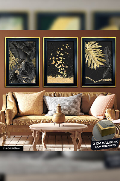 Evinemoda Gold Yaprak Ile Kelebekler 3 Parça Çerçeveli Tablo CVPLK