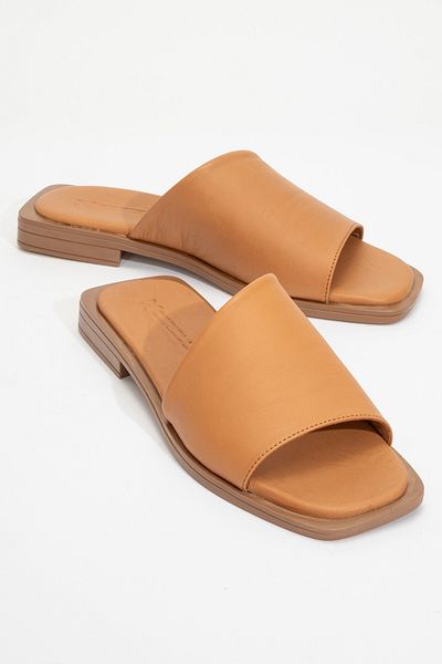 Dericlub Zy 8011 Taba - Real Leather Banded Women's Slippers