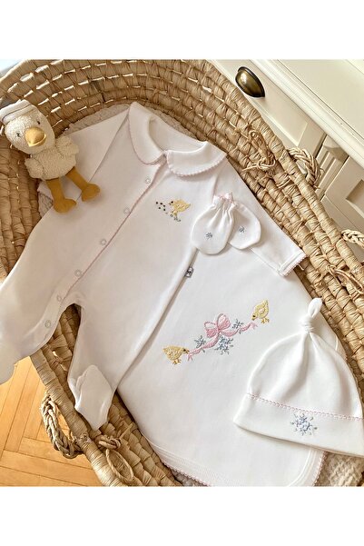 Florijee Little Chick El işi Organik Yenidoğan Hastane Çıkış Seti Pembe Biyeli