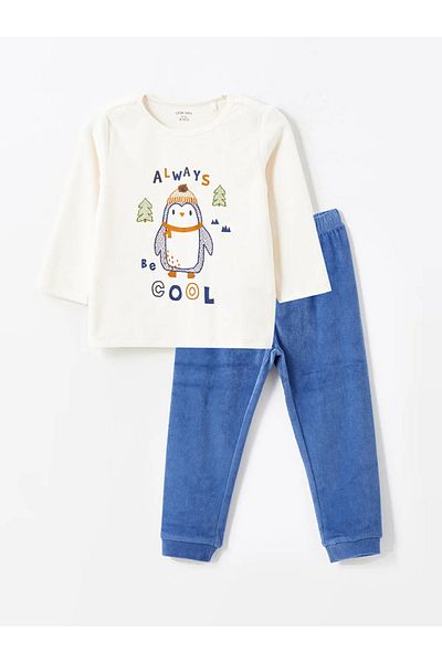 LC Waikiki Lcw Baby Beige Crew Neck Velvet Baby Boy Pajamas Set