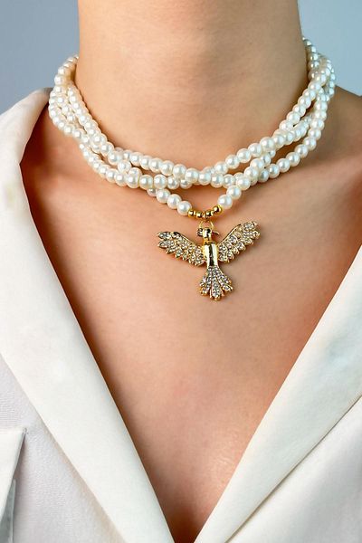 Sose Moda Gold Phoenix Coiled Pearl Necklace - White