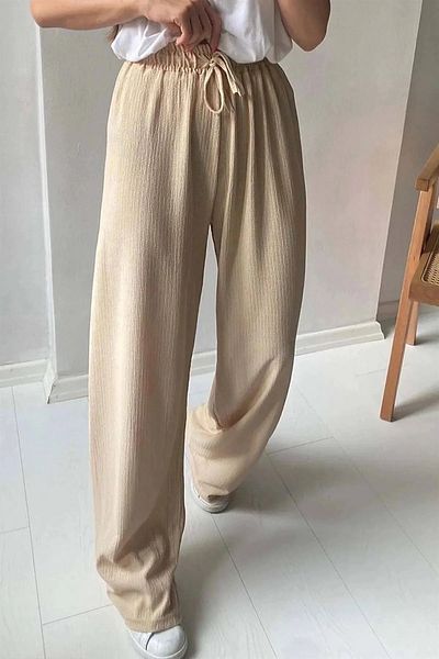 MODA YILDIZ Women's Seersucker Fabric Elastic Waist Wide Leg Pants Oversize -My0001