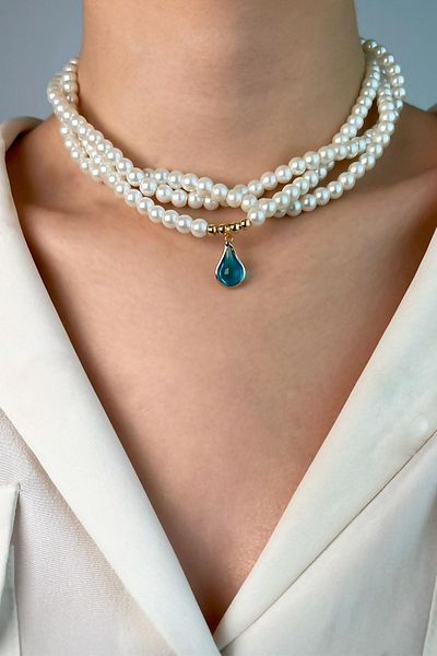 Sose Moda Blue Pearl Necklace - Drop End and Coiled