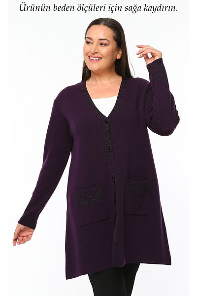 Laden Women's Large Size Glitter Long Mother Medium Thick Special Knitwear Purple Cardigan