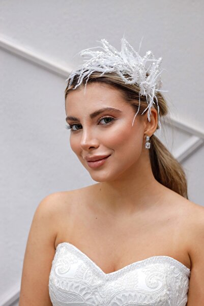 Turkuaz Gelin Saç Aksesuarı/ Nikah Düğün Taş Tüy Beyaz Gelin Taç