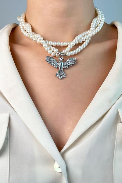 Sose Moda Silver Phoenix Coiled Pearl Necklace - White