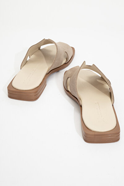 Dericlub Zy 8012 Model Suede Beige Real Leather Women's Slippers - Banded