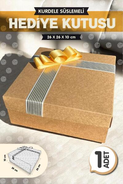 t tuğset etiket Kurdeleli Hediye Kutusu Kraft 26x26x10cm Bohça Nişan Gelin Da...