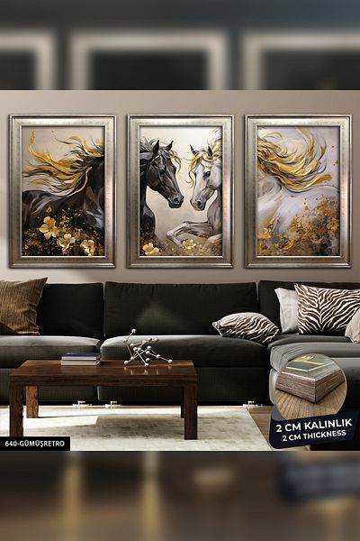Evinemoda Pictură înrămată în 3 bucăți cu tematică Noble Double Horse Love CVPLK
