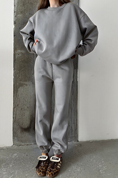 YAKAMEL Set supradimensionat din bumbac cu 3 fire, cu gât crewneck, pentru femei