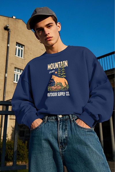 Vatkalimon Φούτερ με στάμπα Mountain Navy Blue Unisex με χοντρό φλις εσωτερικά
