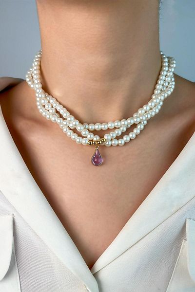 Sose Moda Lilac Pearl Necklace - Drop Ends and Coiled
