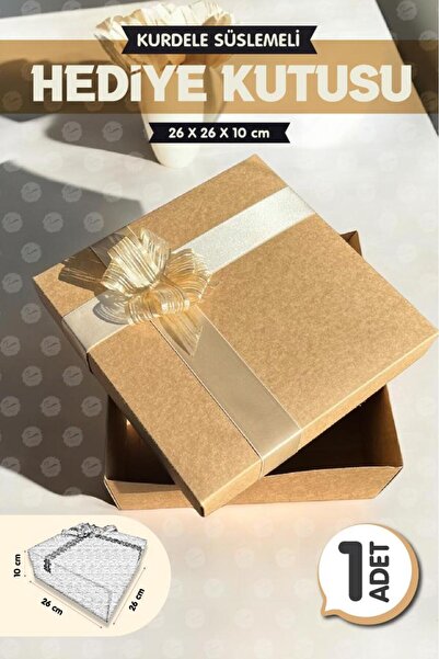 t tuğset etiket Kurdeleli Hediye Kutusu Kraft 26x26x10cm Bohça Nişan Gelin Da...