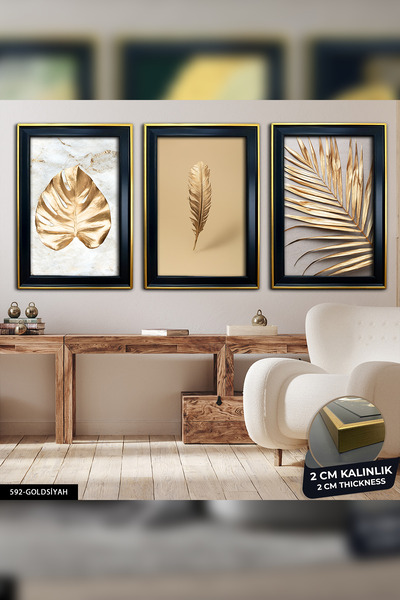 Evinemoda Yapraklar Gold 3 Parça Çerçeveli Tablo CVPLK