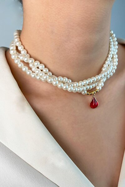 Sose Moda Drop End Coiled Pearl Necklace - Red