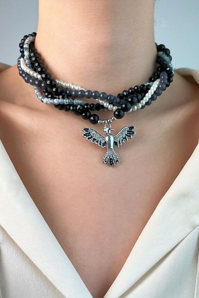 Sose Moda Phoenix Spiral Pearl & Bead Necklace - Black
